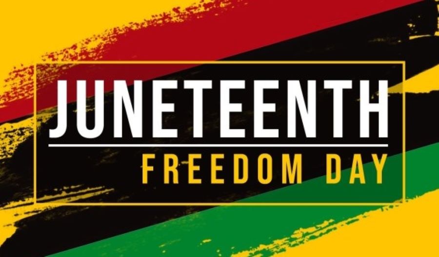 Graphic reading “Juneteenth Freedom Day” over red, black, green, and yellow brushstroke colors associated with Pan-African heritage.