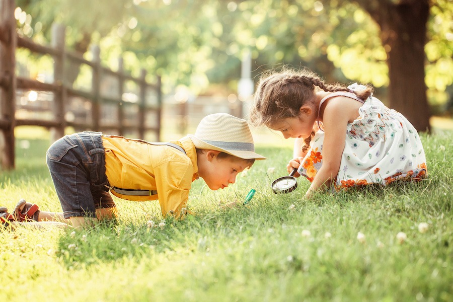 A Caucasian girl and boy looking at plants and grass through a magnifying glass.