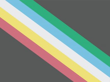 A flag with diagonal rainbow strips against a charcoal grey background