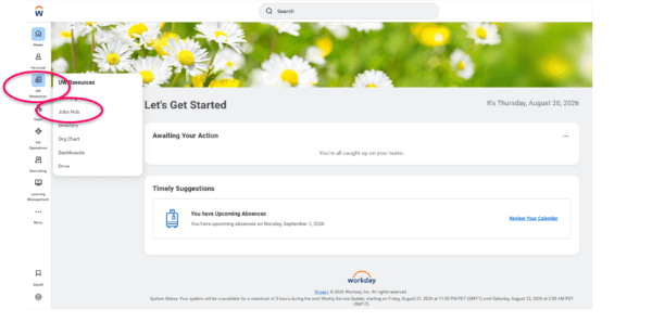 Screenshot of Workday Menu, highlighting how to find the Jobs Hub.