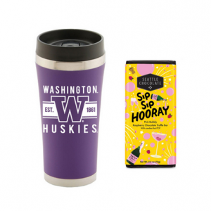 Purple Washington W Huskies travel mug and Seattle Chocolate Bar