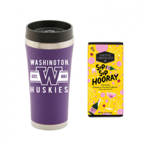 Purple Washington W Huskies travel mug and Seattle Chocolate Bar