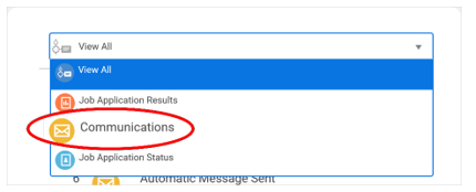 Expanded view of the timeline card showing three selectable options: Job Application Results, Communications, and Job Application Status. The Communications option is highlighted with a red circle for emphasis.