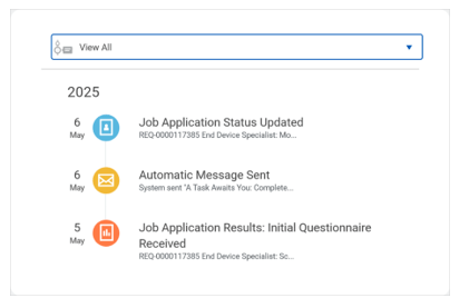 Image 3 Timeline card in a Candidate Profile displaying three events—Job Application Status Update, Automatic Message, and Job Application Results—each with corresponding dates.