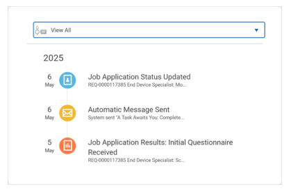 Image 1
Timeline card in a Candidate Profile displaying three events—Job Application Status Updated, Automatic Message, and Job Application Results—with corresponding dates.