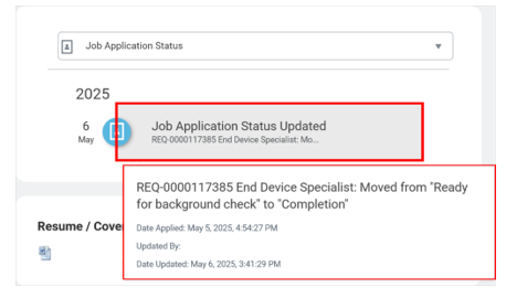 Image 3
Expanded Job Application Status event within the Candidate Profile timeline card, showing detailed status updates related to the candidate’s application.