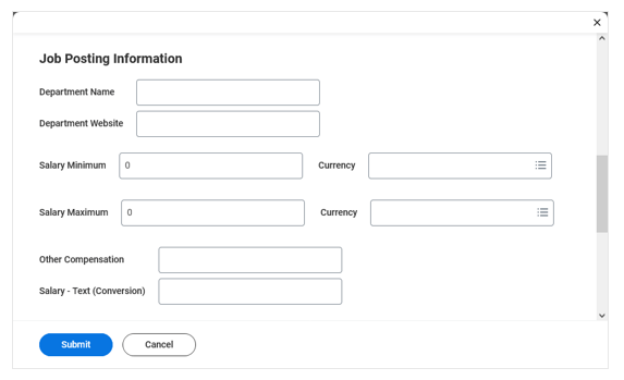 Image 4 Job Posting Information screen with fields for department name and website, and salary and compensation information, all empty.
