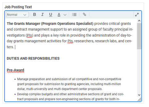 Image 3 Job Posting Text field with sample Grants Manager description and text formatting toolbar visible.