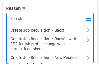  Image 1 Expanded “Reason” dropdown showing three options: Backfill, Backfill with EPR, and New Position. A required field indicator is shown above the menu. 